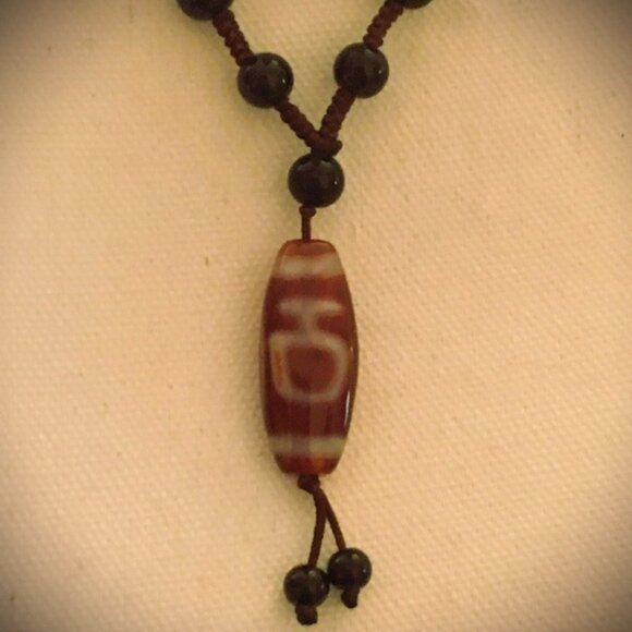 Vintage Tibetan Mala (Prayer Beads) w/ Fire Agate Dzi and Black Obsidian Beads - Picture 5 of 10
